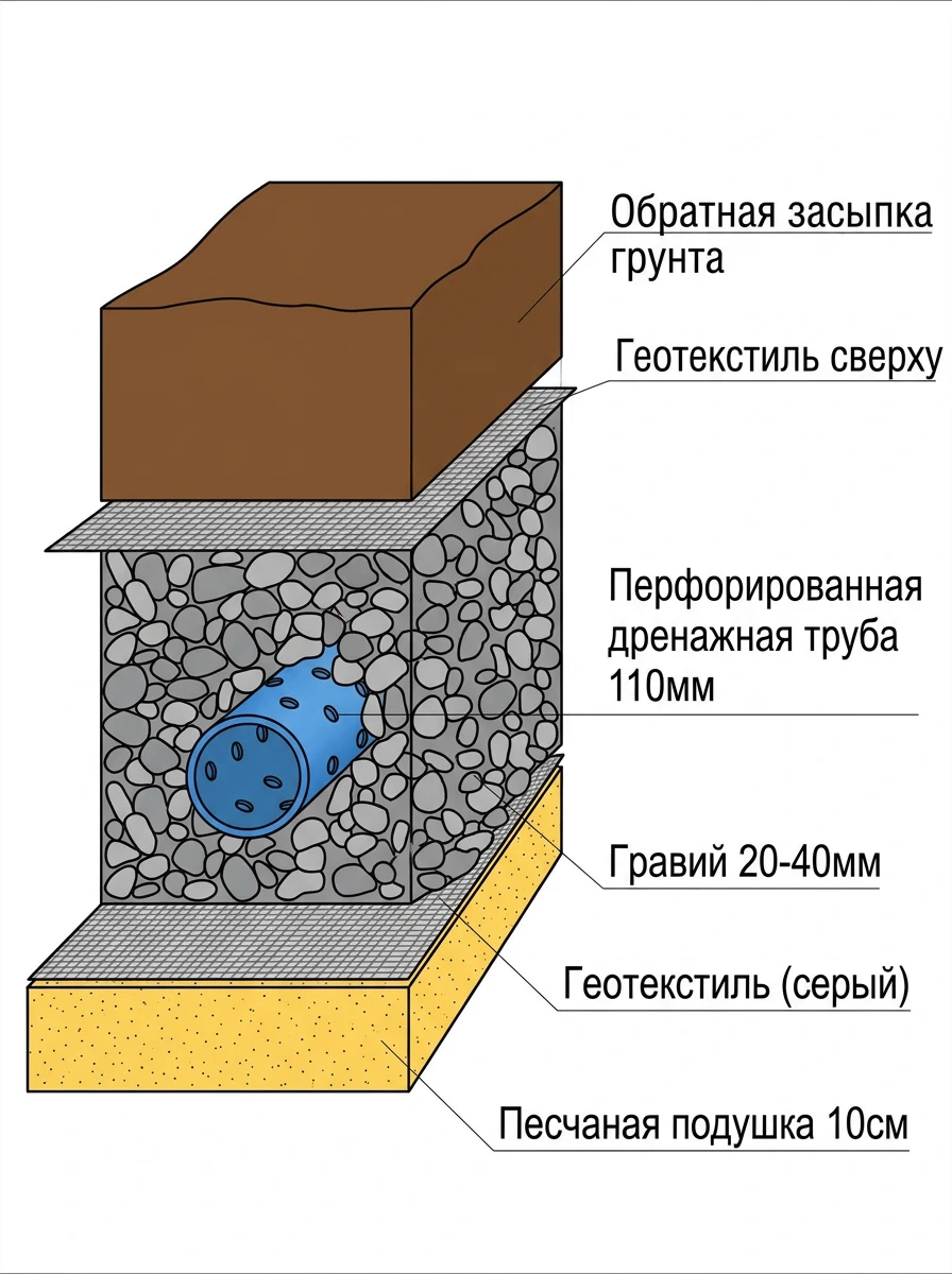Разрез дренажной траншеи
