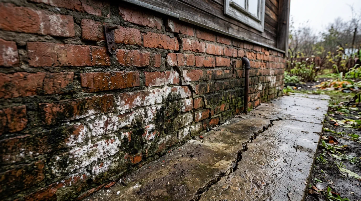 Мокрый потрескавшийся цоколь с грибком
