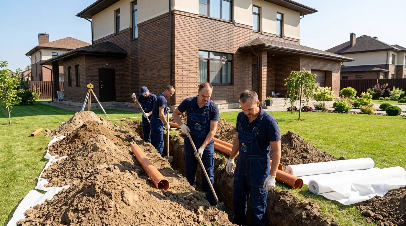 Бригада копает траншеи для дренажа